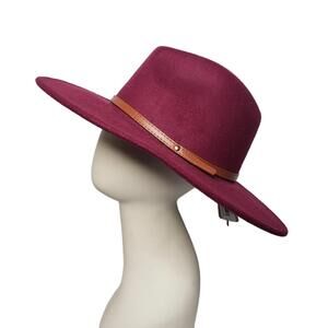 NWT Women's Wine Wide Brim Felt Fedora Hat Faux Leather Detail